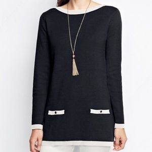 Lands End white trimmed black tunic sweater